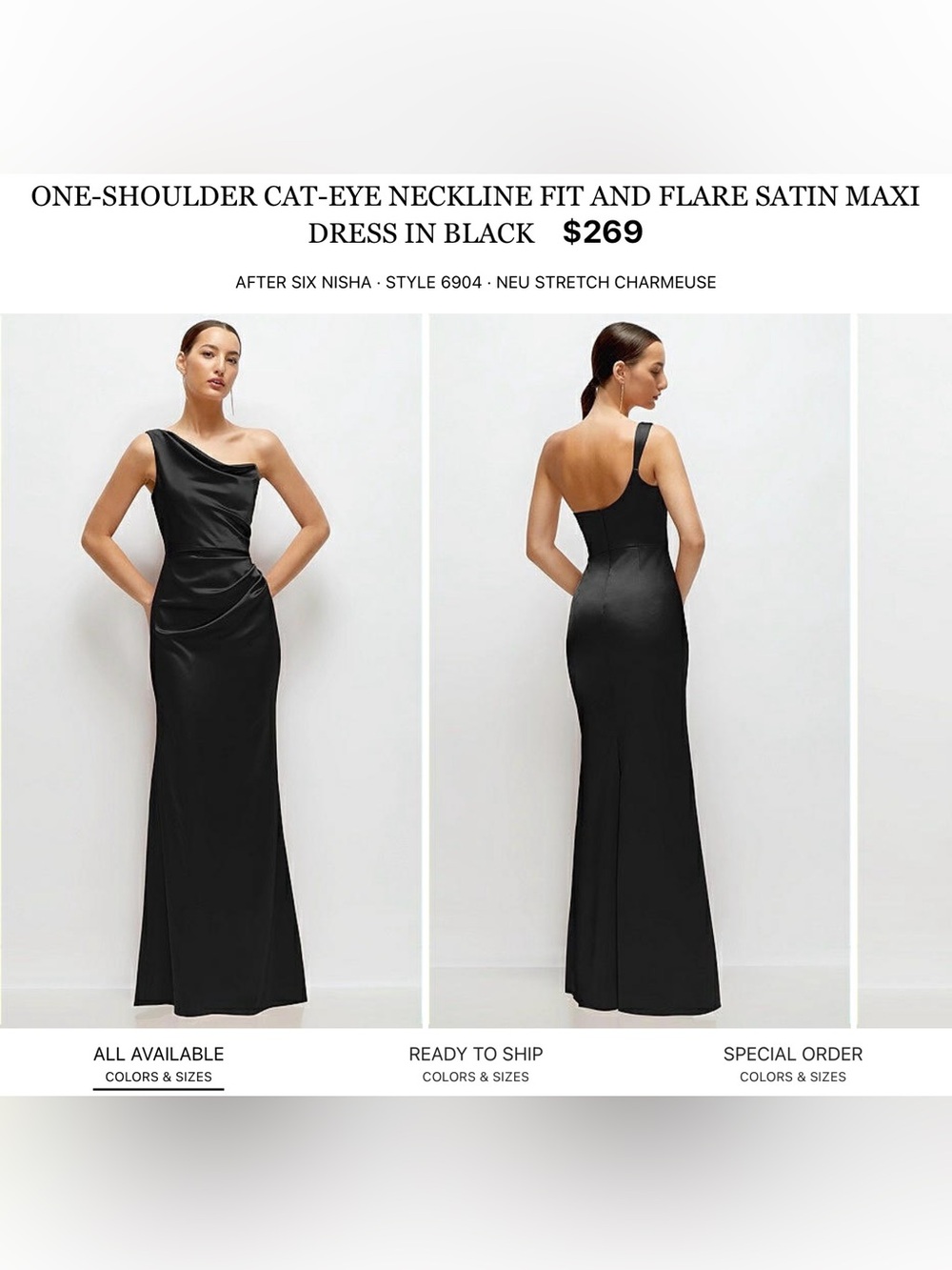 After Six Black One-Shoulder Satin Fit-and-Flare Gown